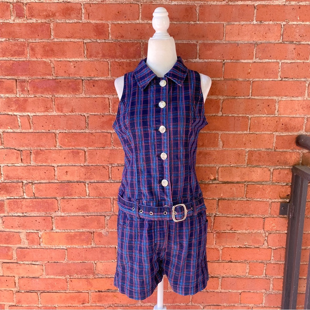 plaid denim romper